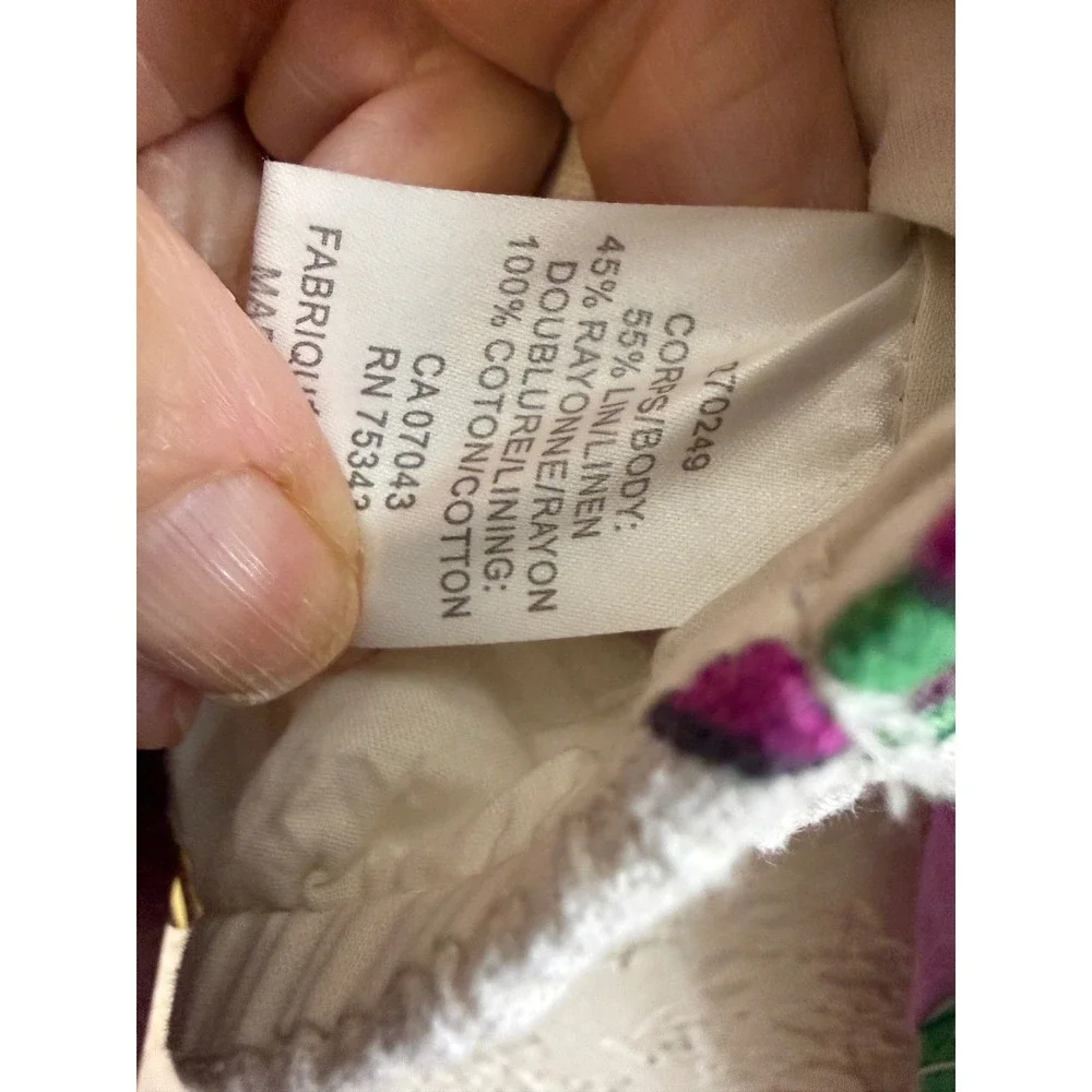 Caroline Constas Tropical Crop Top M Purple Green Floral Linen Blend Deep V-Neck